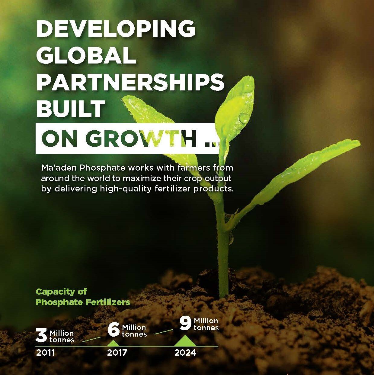 Page image from Fertilizer Focus March 2021 showing seedling with headline text Developing Global Partnerships Built On Growth